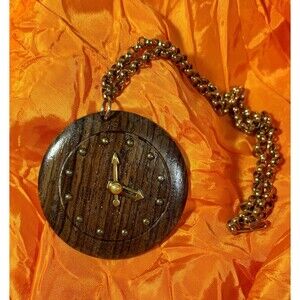 Vintage Wooden Clock Pendant With Brass Gold Tone Chain